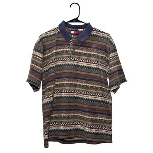 Tommy Hilfiger Vintage Men's Tribal Print Short Sleeve Polo Shirt Blue Red Khaki